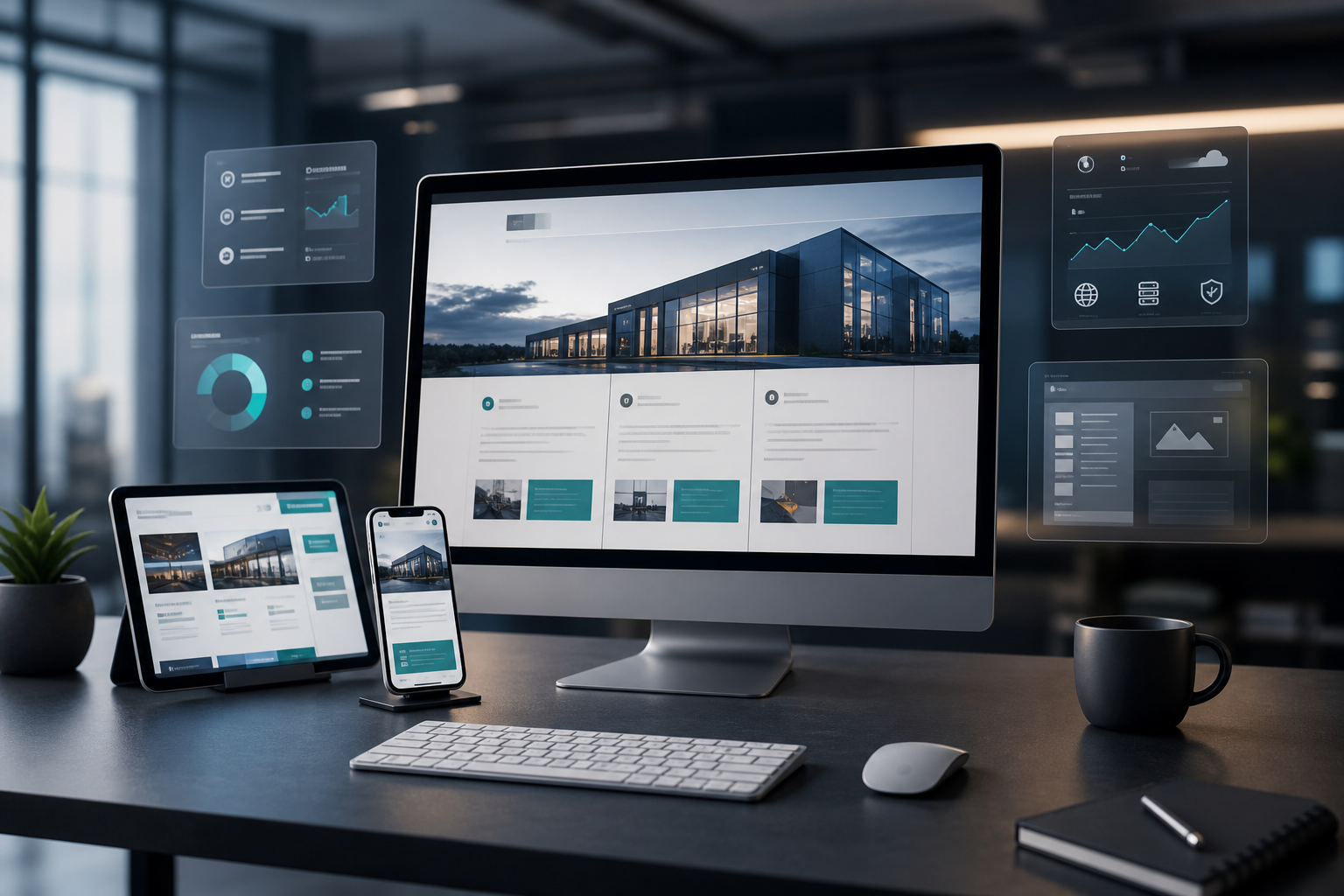 Modern web design workspace with responsive website previews and analytics dashboards